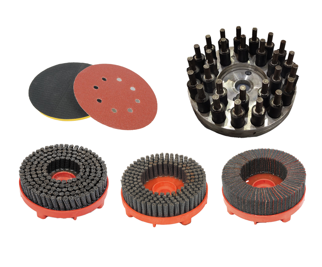 端面刷盤： 含磨料尼龍絲，砂片，鋼絲刷，合金鋼柱盤